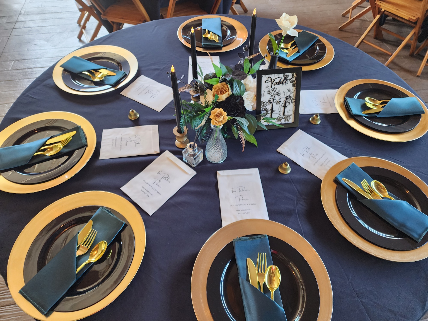 navy and gold themed wedding reception table