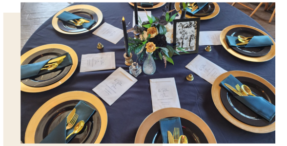 blue and gold wedding reception table